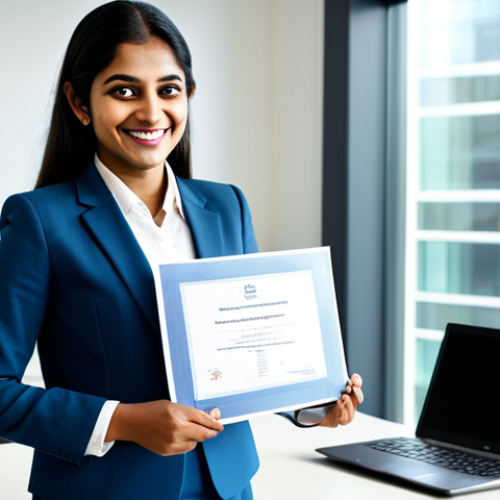 Home 6 A confident South Asian professional woman, dressed in a modest business suit, stands in a brightly lit, modern office. She holds a rolled certificate, smiling subtly, with a laptop displaying a business report on a clean desk beside her. The background shows blurred office activity, symbolizing a thriving professional environment and her career growth. The focus is on her sense of accomplishment and professional readiness. Professional photography, high resolution, cinematic lighting, fully clothed, appropriate attire, safe for work, perfect anatomy, correct proportions, natural pose, well-formed hands, proper finger count, natural body proportions, professional.