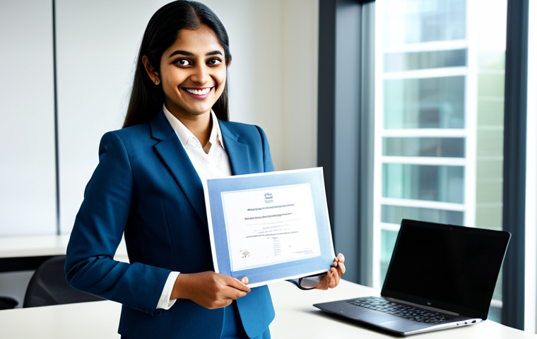 A confident South Asian professional woman, dressed in a modest business suit, stands in a brightly lit, modern office. She holds a rolled certificate, smiling subtly, with a laptop displaying a business report on a clean desk beside her. The background shows blurred office activity, symbolizing a thriving professional environment and her career growth. The focus is on her sense of accomplishment and professional readiness. Professional photography, high resolution, cinematic lighting, fully clothed, appropriate attire, safe for work, perfect anatomy, correct proportions, natural pose, well-formed hands, proper finger count, natural body proportions, professional.