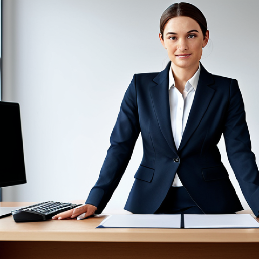 비즈니스 애널리스트 연봉 협상 팁 - A professional businesswoman in a modest business suit, sitting at a desk in a modern office, fully ...