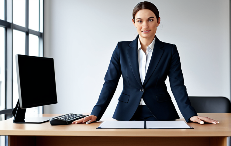 비즈니스 애널리스트 연봉 협상 팁 - A professional businesswoman in a modest business suit, sitting at a desk in a modern office, fully ...