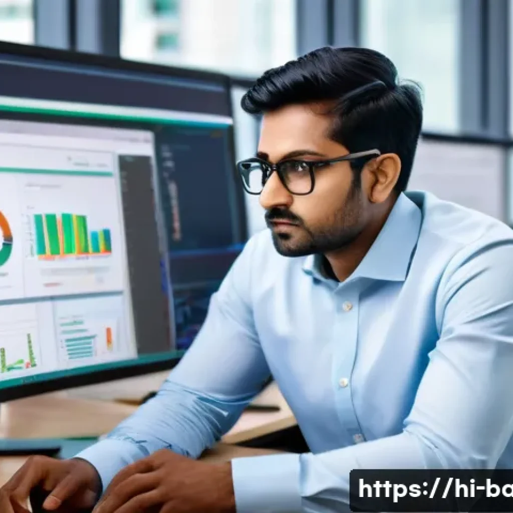 비즈니스 애널리스트 면접 질문 - A professional Indian business analyst in a modern office setting, wearing formal attire and glasses...