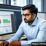 비즈니스 애널리스트 면접 질문 - A professional Indian business analyst in a modern office setting, wearing formal attire and glasses...