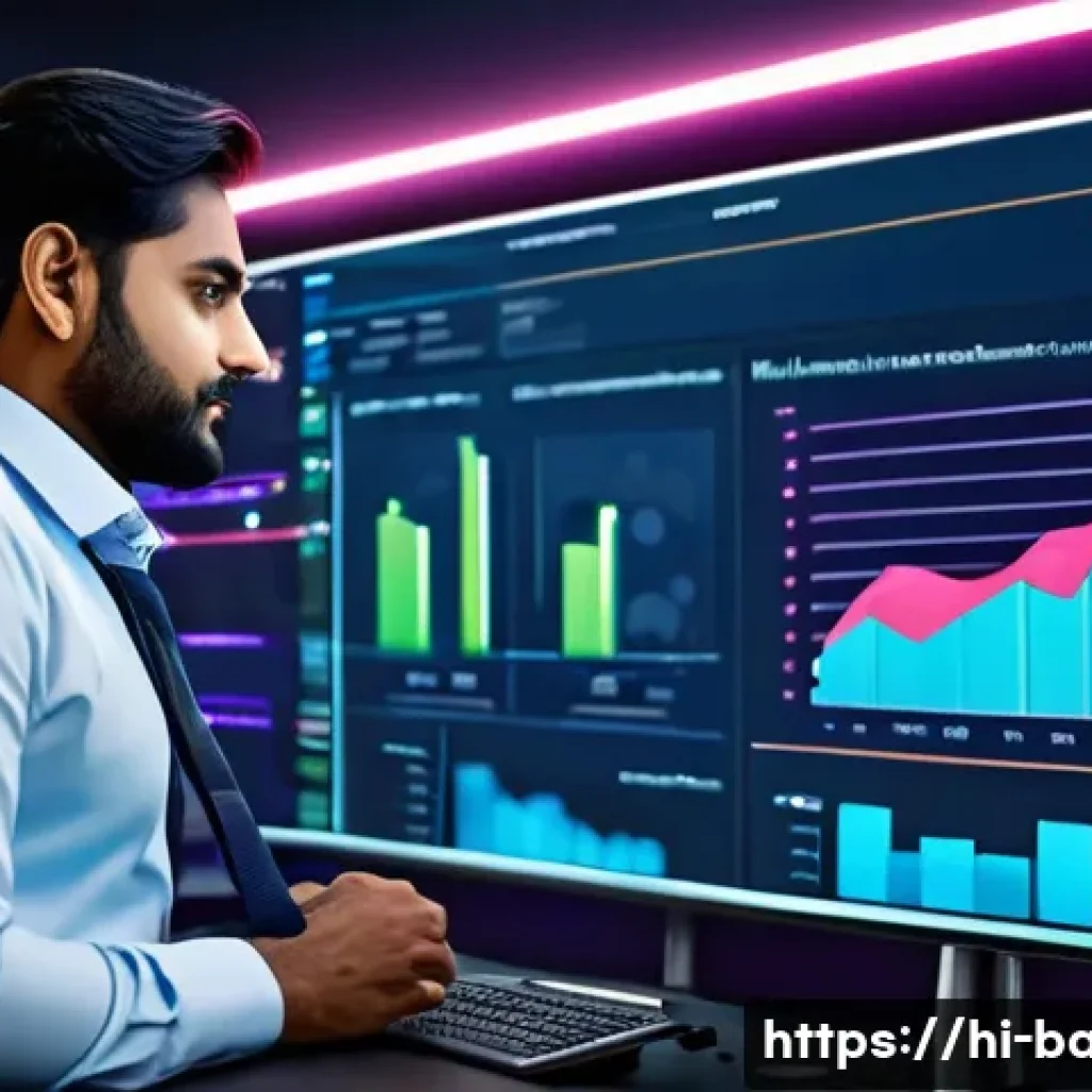 비즈니스 애널리스트 최신 트렌드 - A modern business analyst workspace featuring a large interactive dashboard screen displaying colorf...