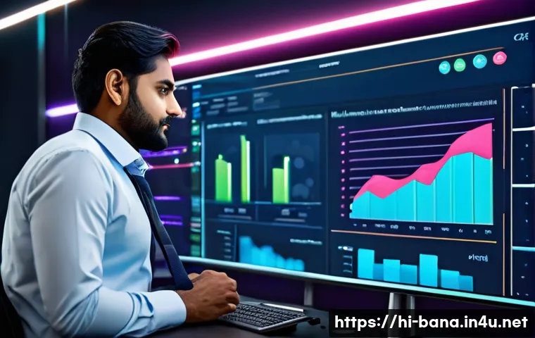 비즈니스 애널리스트 최신 트렌드 - A modern business analyst workspace featuring a large interactive dashboard screen displaying colorf...