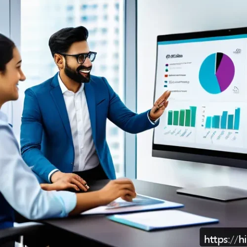 비즈니스 애널리스트 분석 툴 리뷰 - A professional business analyst team in a modern office environment collaborating around a large dig...