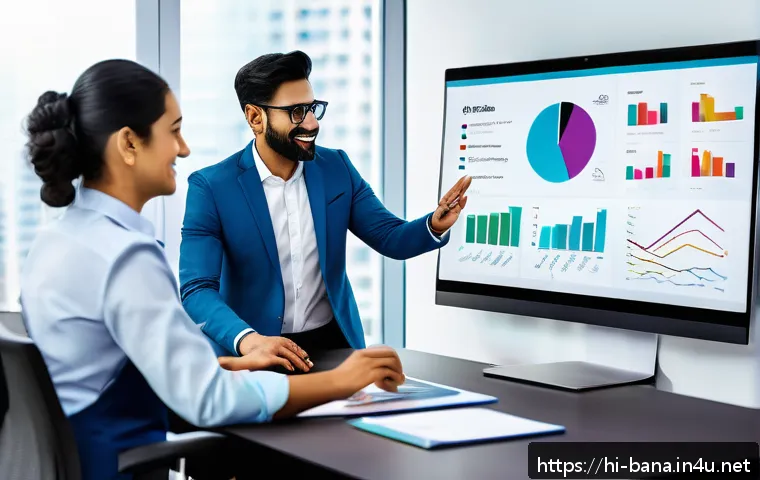 비즈니스 애널리스트 분석 툴 리뷰 - A professional business analyst team in a modern office environment collaborating around a large dig...