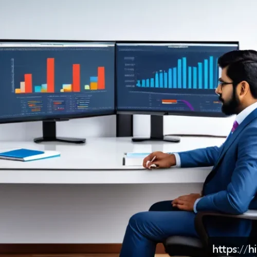 비즈니스 애널리스트 중점 과목 - A professional Indian business analyst, wearing formal office attire with modest clothing, sitting a...