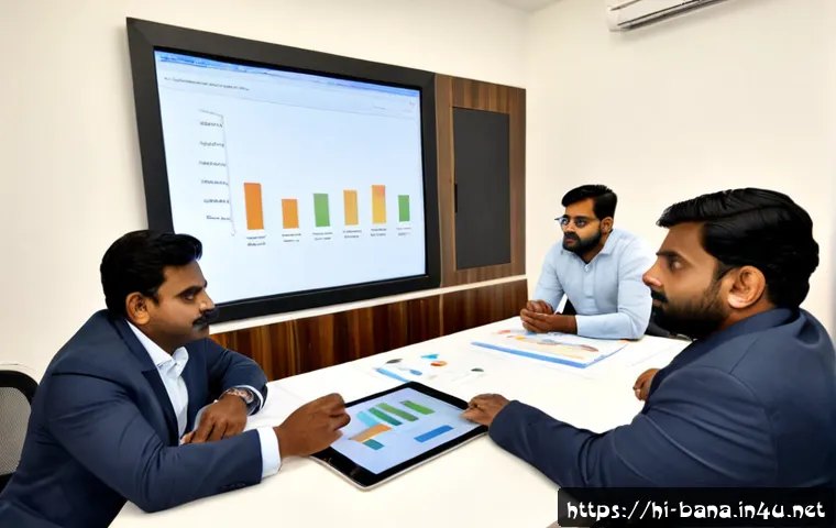 Home 14 비즈니스 애널리스트 기술 역량 - Photorealistic business analyst in a modern Indian office, studying a large laptop dashboard with co...